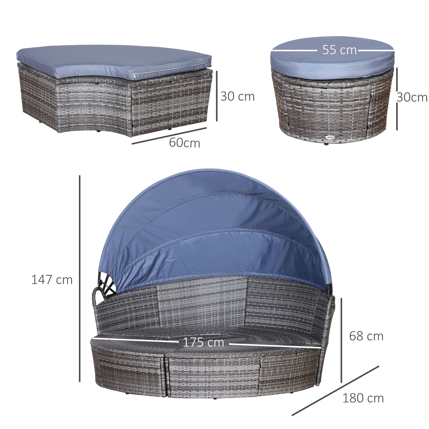 Outdoor PE Rattan Garden Furniture Set Round Daybed with Retractable Canopy Cushions & Coffee Table Grey Blue