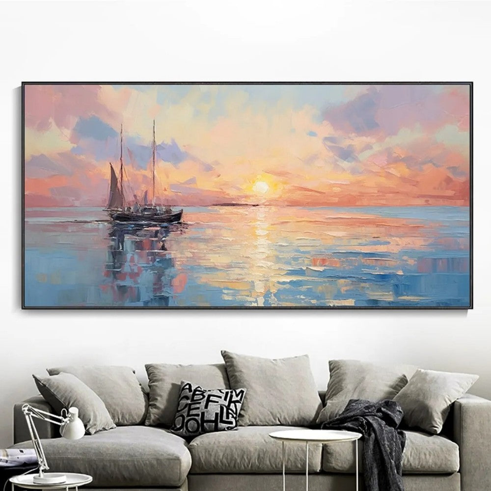Handmade Abstract Sunrise Over Sea Oil Painting Canvas Wall Art Modern Living Room Home Decor Frameless