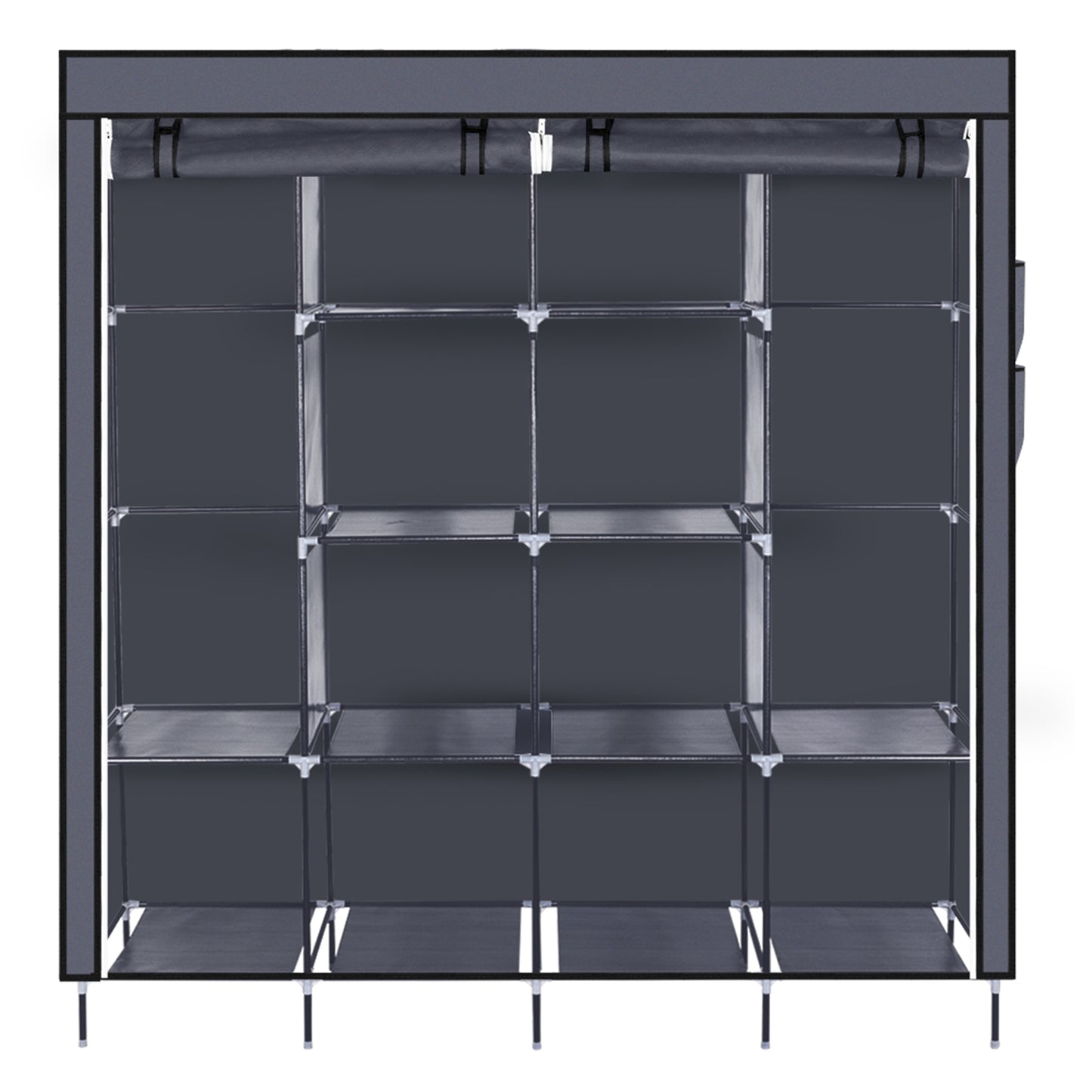 67 Inch Portable Wardrobe Closet Clothes Storage Rack with 12 Shelves and 4 Side Pockets Gray Organizer for Bedroom