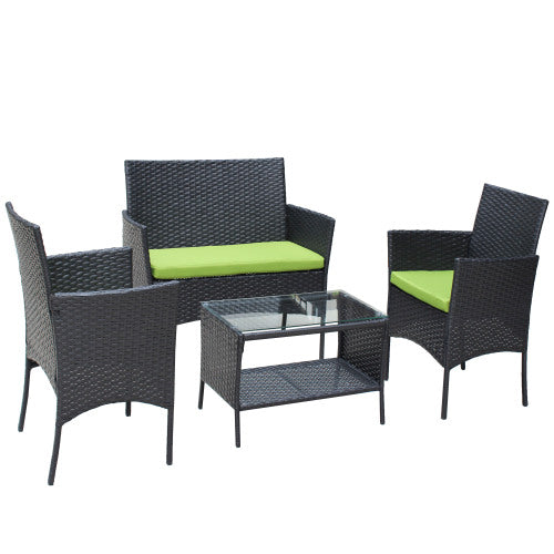 4 Piece Rattan Patio Furniture Set Outdoor Wicker Sofa with Cushioned Seats Green Cushion Garden Outdoor Seating Set