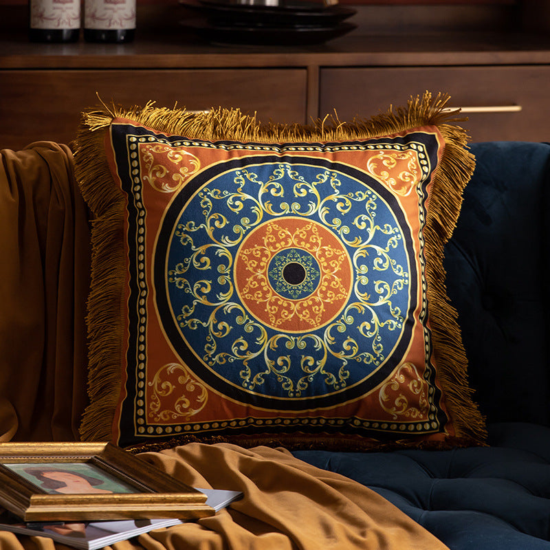 Luxury Sofa Pillow High Grade Duplex Printing Tassel Waist Cushion for Home Decor