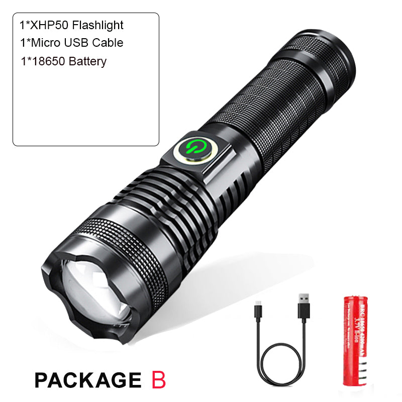 P50 Zoom Flashlight – USB Rechargeable LED Torch with Battery Display & High Power Outdoor Light