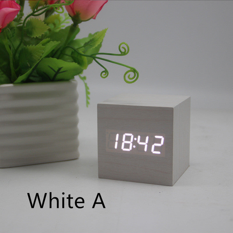 Minimalist Cube Wooden Digital Clock Sound Sensitive LED Display Temperature and Time Desk Alarm Clock