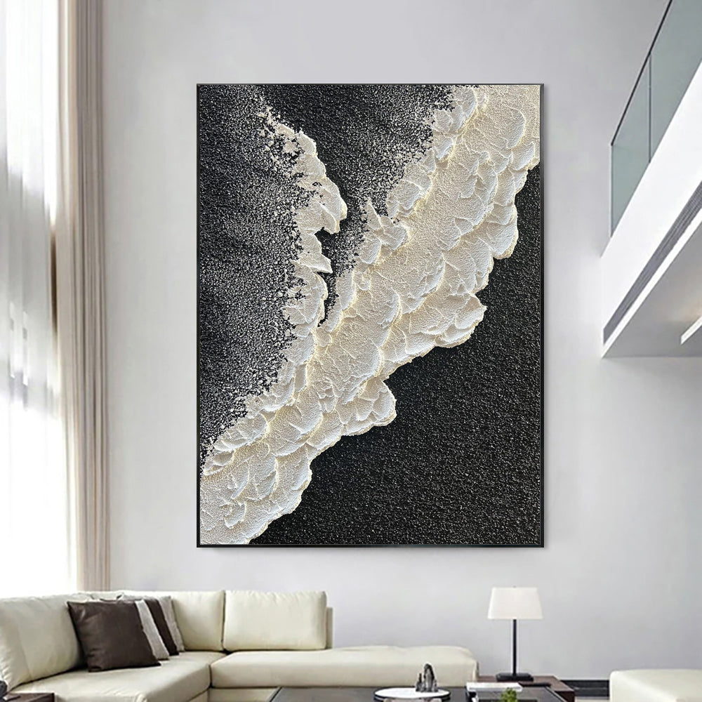 3D Texture Sea Wave Abstract Landscape Oil Painting Black White Canvas Wall Art Living Room Decor