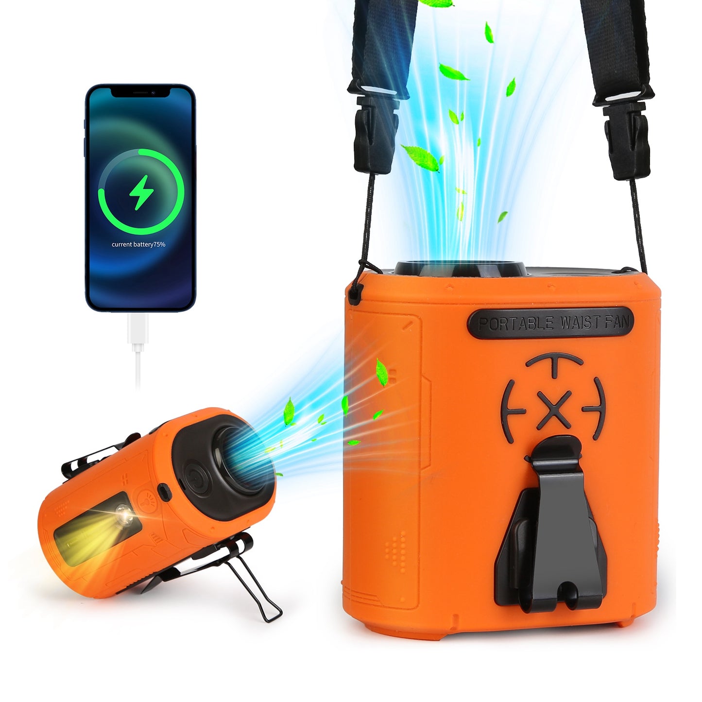 5-in-1 Portable Waist Clip Fan 5-Speed Wearable Turbo Belt Fan with Flashlight Rechargeable Hands-Free Cooling for Travel & Camping
