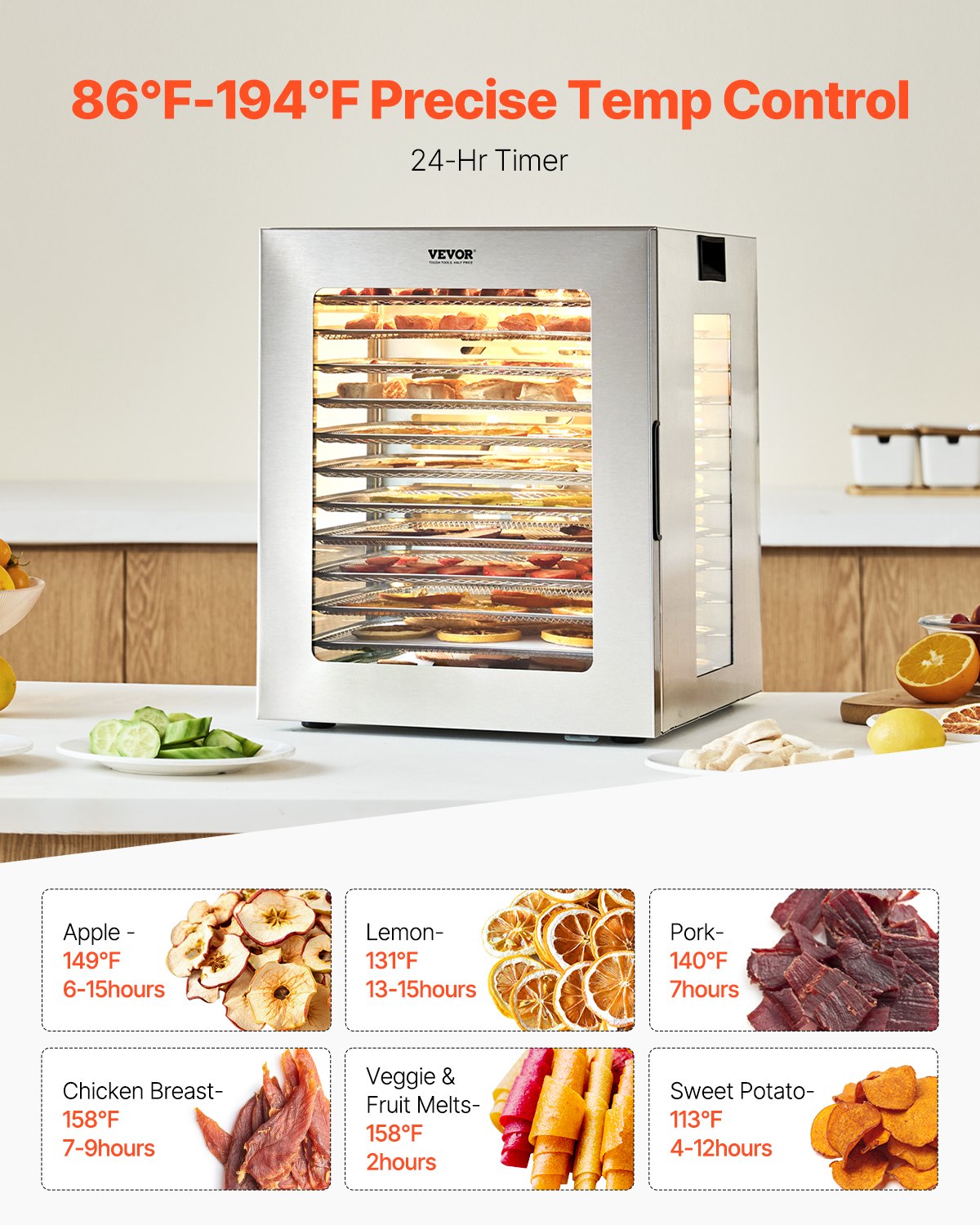 12 Tray Food Dehydrator Machine 850W Stainless Steel Jerky Fruit and Meat Dryer for Home Kitchen Use