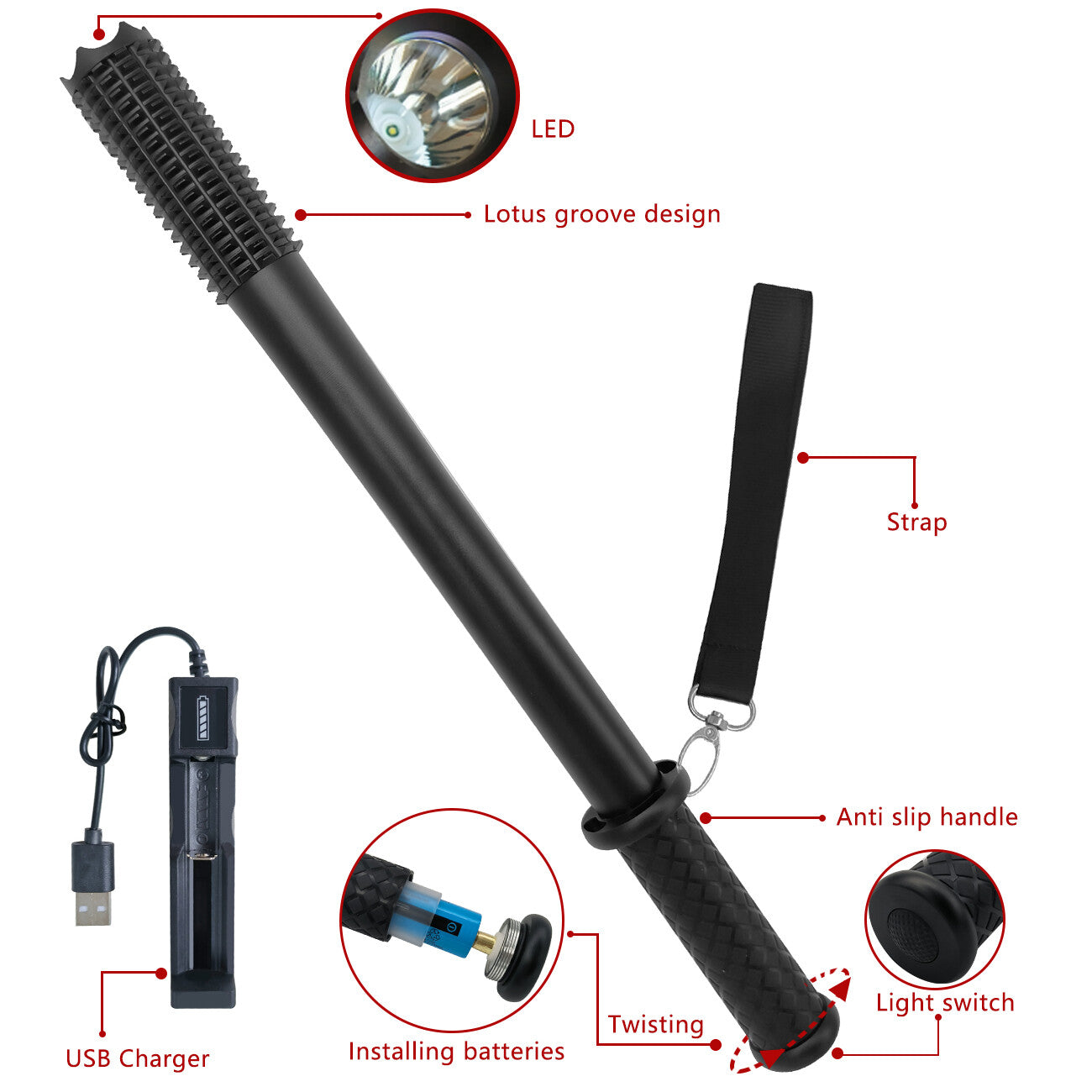 Baseball LED Flashlight – Rechargeable Spotlight Torch with 3 Modes for Security, Work & Emergency Use