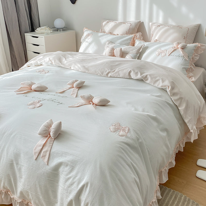 Four Piece Washed Cotton Bedding Set 3D Bow Design Soft Duvet Cover Bed Sheet Pillowcase Set for Bedroom Decor