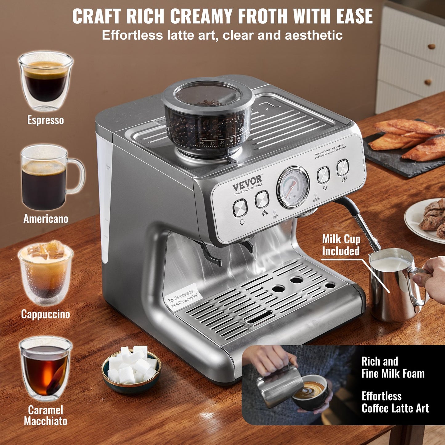 15 Bar Semi Automatic Espresso Machine with Grinder Milk Frother Steam Wand Pressure Gauge Removable Water Tank PID Control for Cappuccino Latte Macchiato