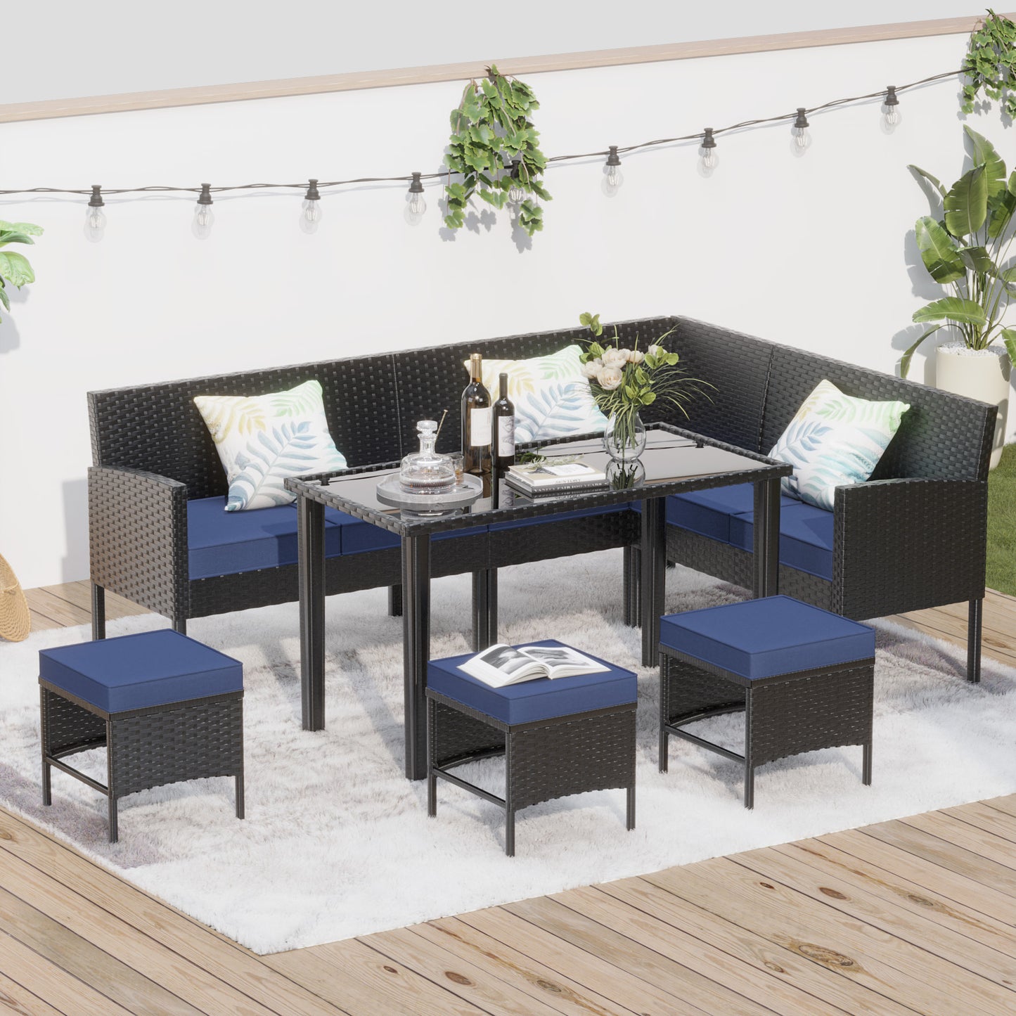 7-Piece Small Space Patio Furniture Set Outdoor Backyard Seating with Waterproof Cushions & Glass Table Dark Blue