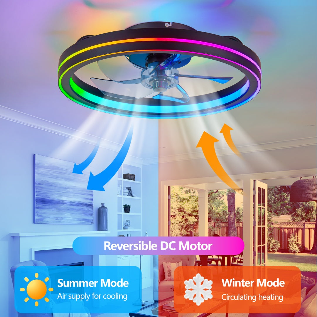 RGB LED Ceiling Fan Light Low Profile Bladeless Fandelier 19IN Flush Mount Smart App Remote Control Bedroom Ceiling Fan