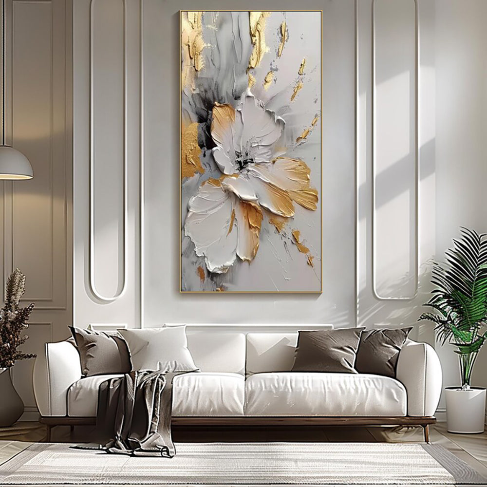 Handmade Abstract Golden White Floral Oil Painting Canvas Wall Art Frameless Unstretched Living Room Decor
