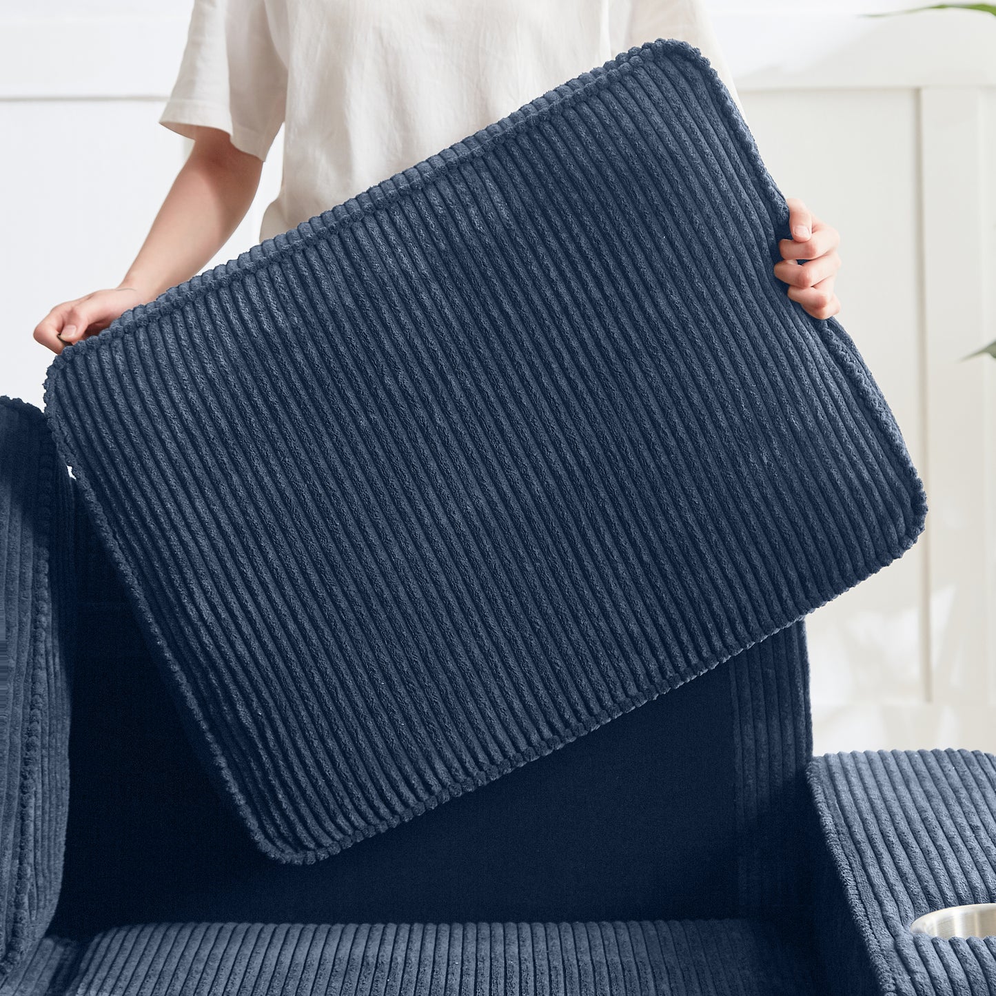 83.86 Inch Corduroy Fabric Sofa Modern 3 Seater Compressed Couch for Living Room Bedroom Office Blue