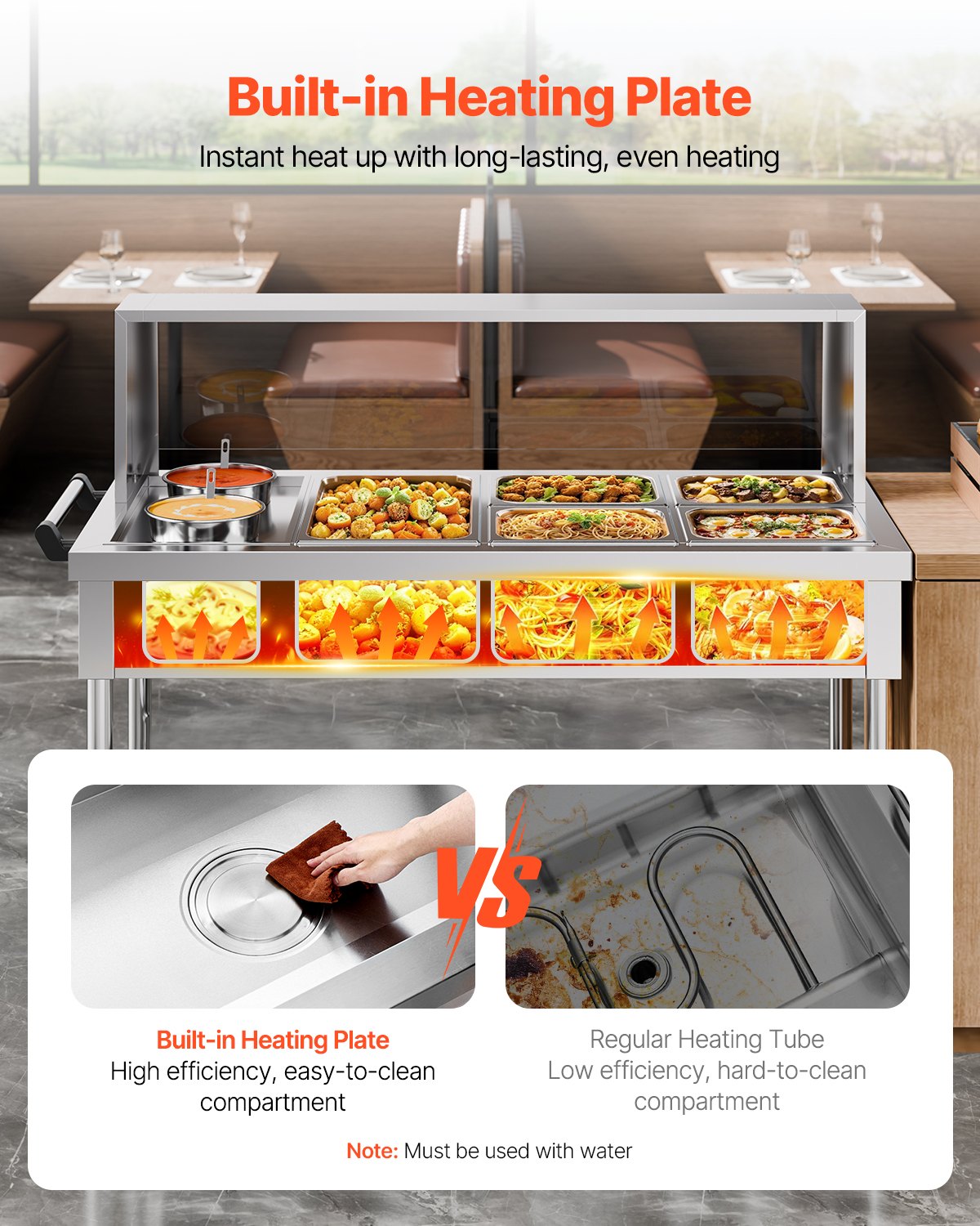 Commercial 5 Pan Food Warmer Steam Table with 2 Pots and Undershelf Shield for Buffet and Catering Use