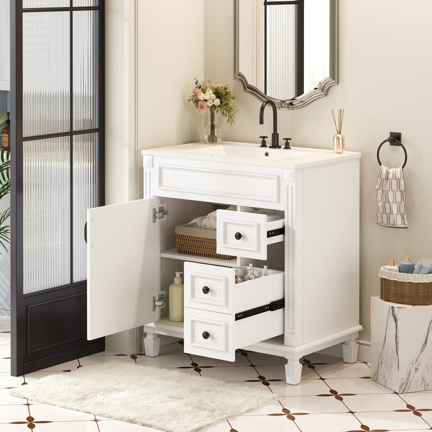 30 Inch Bathroom Vanity with Ceramic Sink Modern Small Bathroom Cabinet with 2 Drawers and Adjustable Shelf