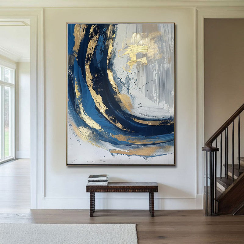 Luxury Handmade Abstract Oil Painting on Canvas Modern Golden Blue Minimalist Texture Wall Art for Living Room Decor Frameless