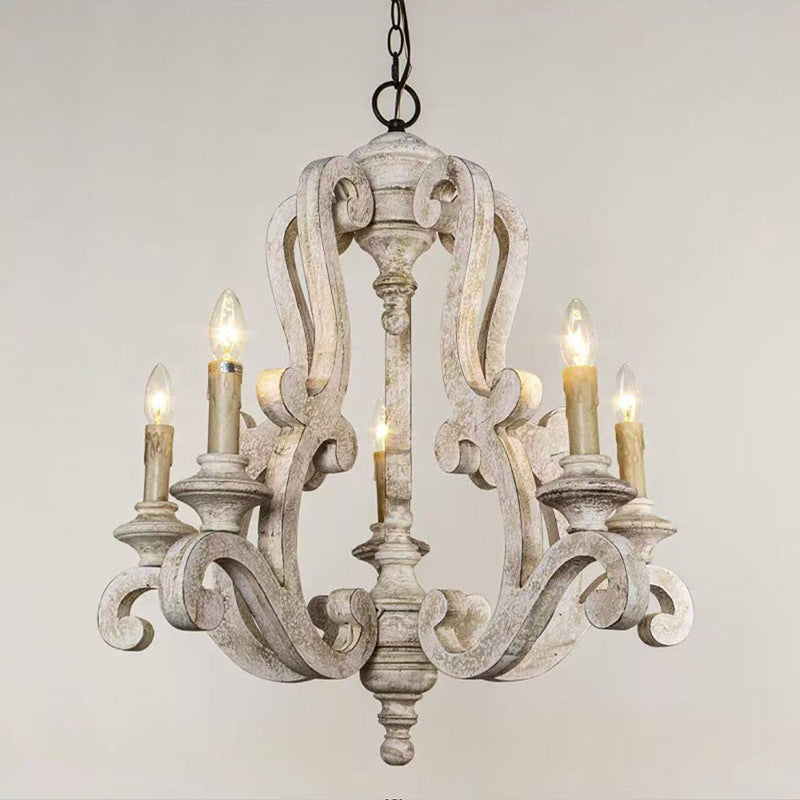 American Country Vintage Chandelier – Distressed Wooden Candle-Style Light Fixture