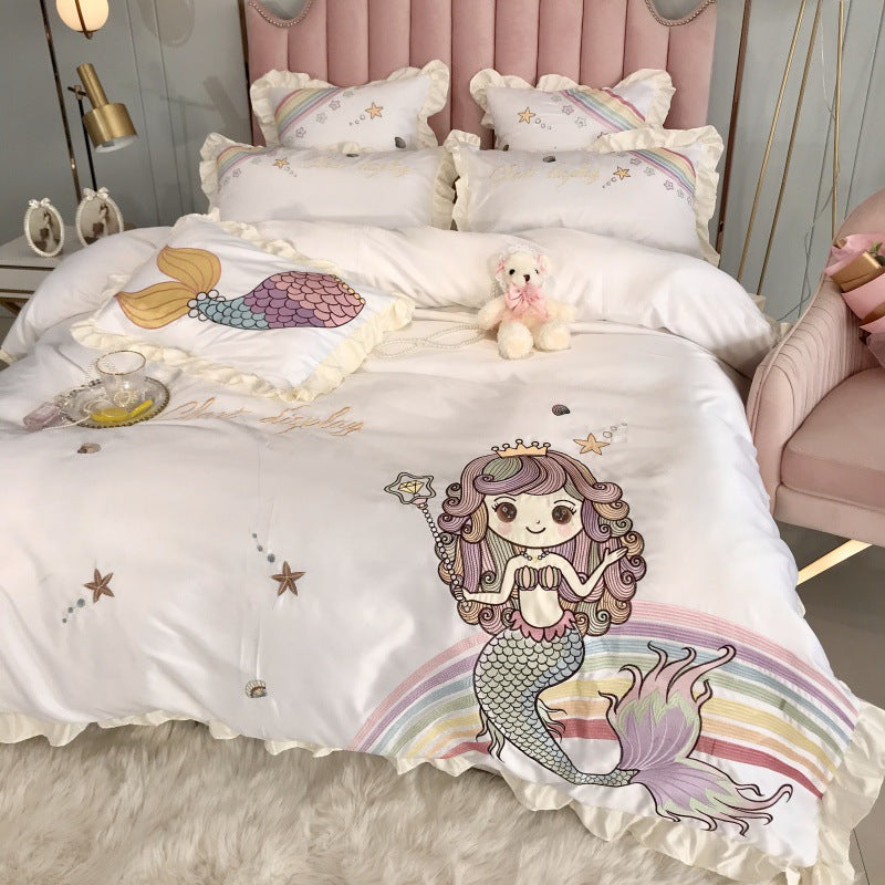 Mermaid Cotton Four Piece Bedding Set Embroidered Naked Sleep Style Soft Duvet Cover Bed Sheet Set
