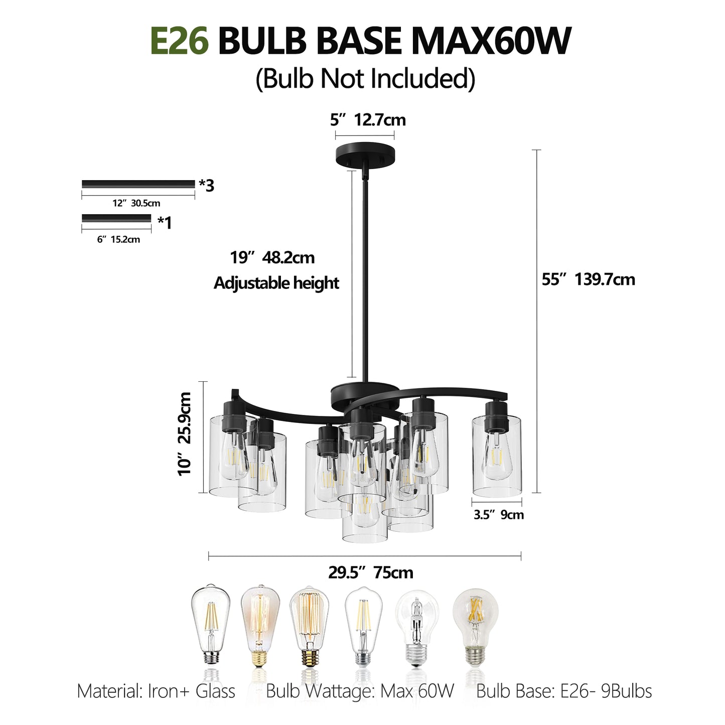 9-Light Modern Black Chandelier – Adjustable Industrial Farmhouse Ceiling Light with Clear Glass Shades for Dining Room & Kitchen Island