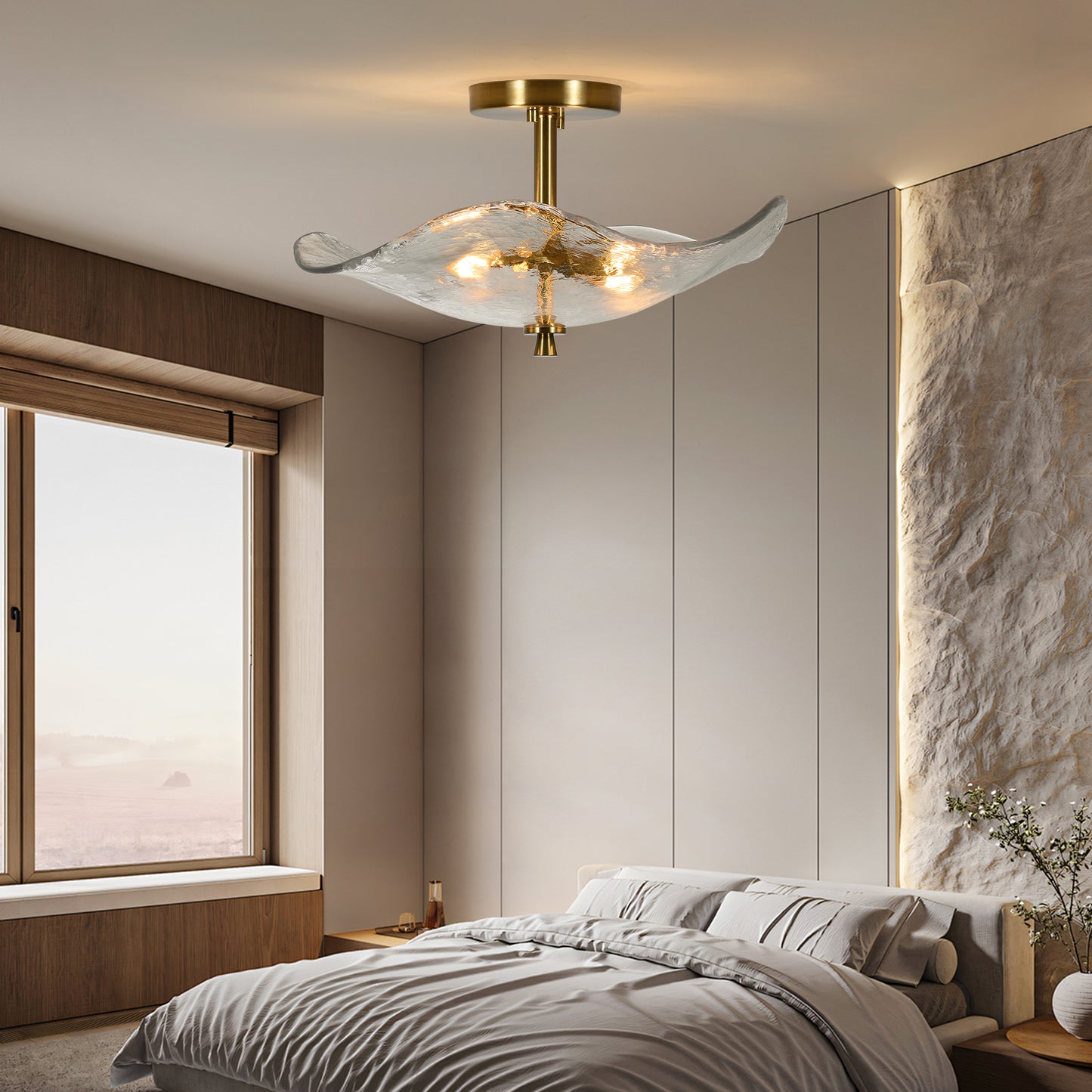 16.5 Inch Glass Semi Flush Mount Ceiling Light Fixture Modern Gold 2-Light Bedroom Bathroom Kitchen Hallway Ceiling Lamp
