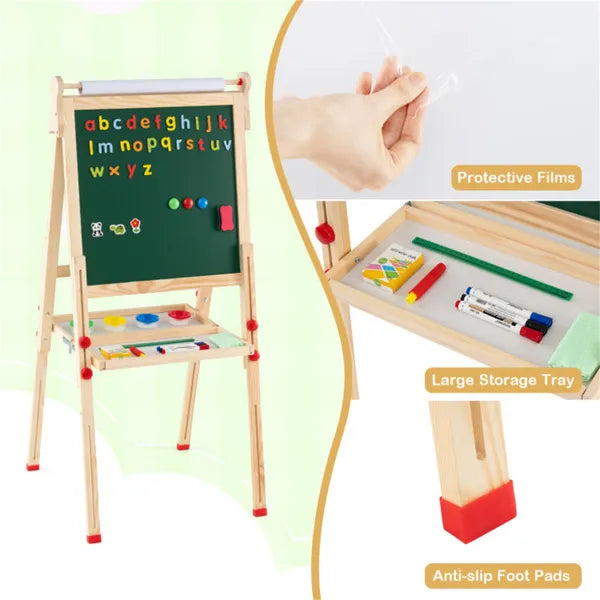 Natural Pine Wood 3-in-1 Kids Art Easel – Adjustable Magnetic Whiteboard & Chalkboard Drawing Board (Ages 3–14)