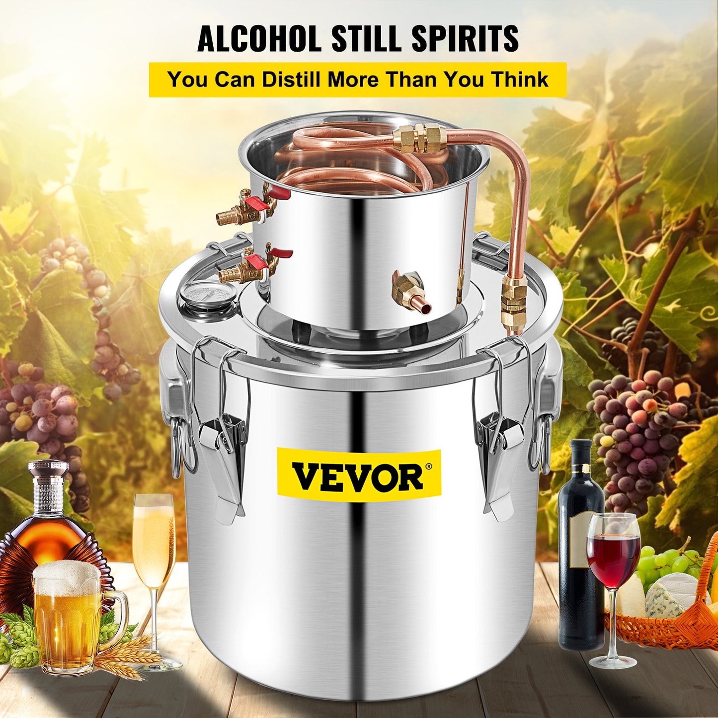 50L Stainless Steel Distillation Kit with Condenser and Pump Home Distiller Set with Copper Tube and Thermometer for DIY Craft Distilling Use