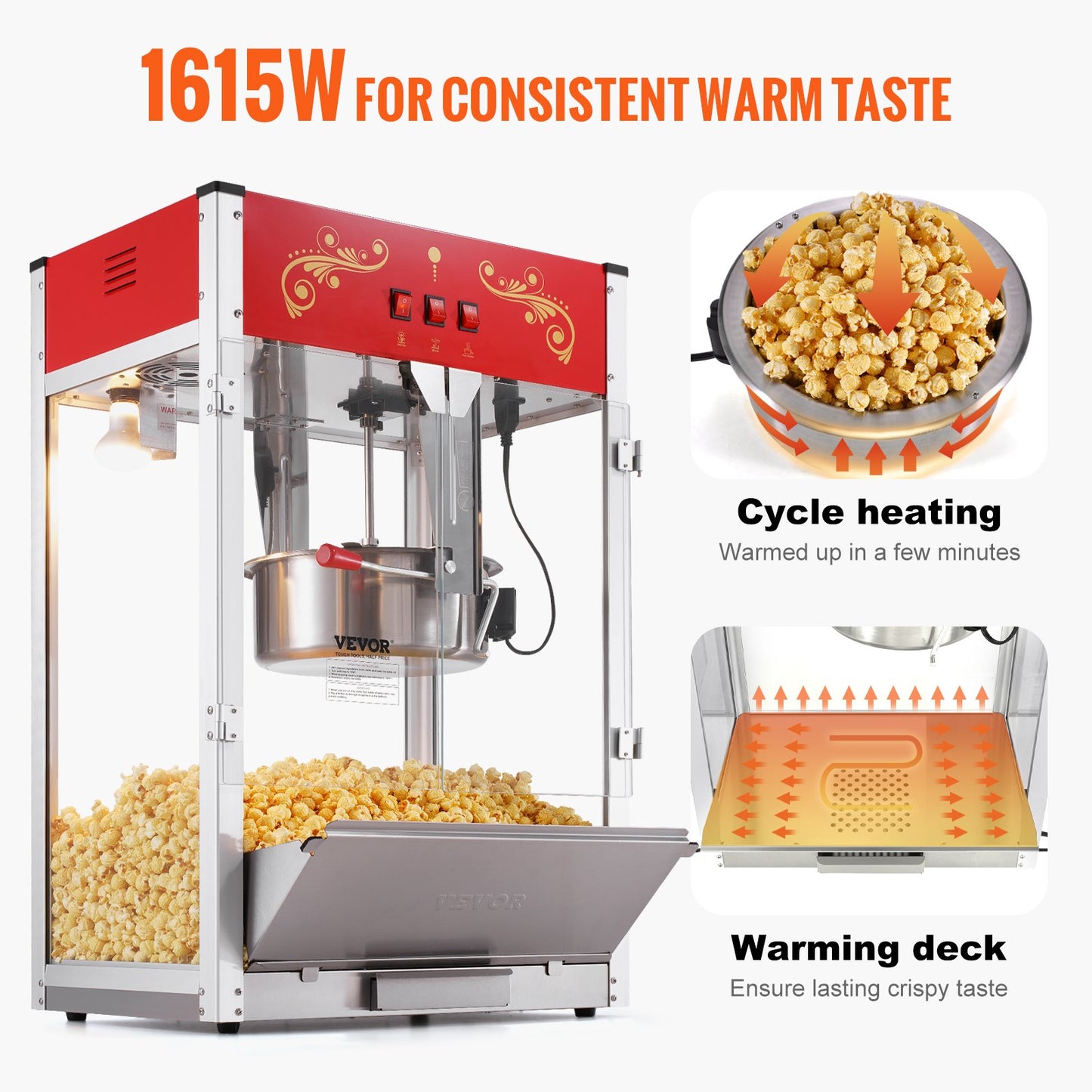 Countertop Popcorn Popper Machine 1615W 16 Oz Red Home Popcorn Maker