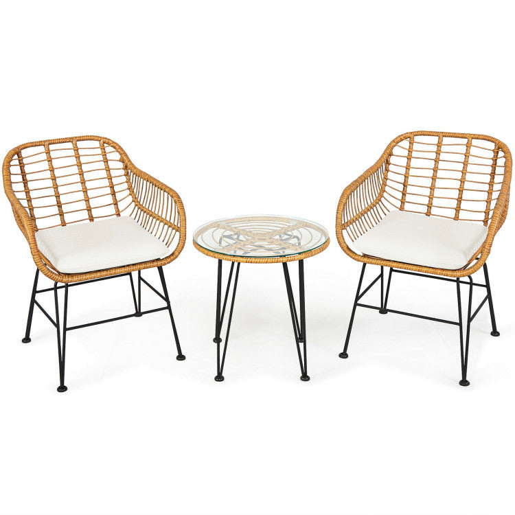 3 Pieces Rattan Furniture Set Cushioned Chairs & Table Outdoor Patio Garden Sofa Seating Set