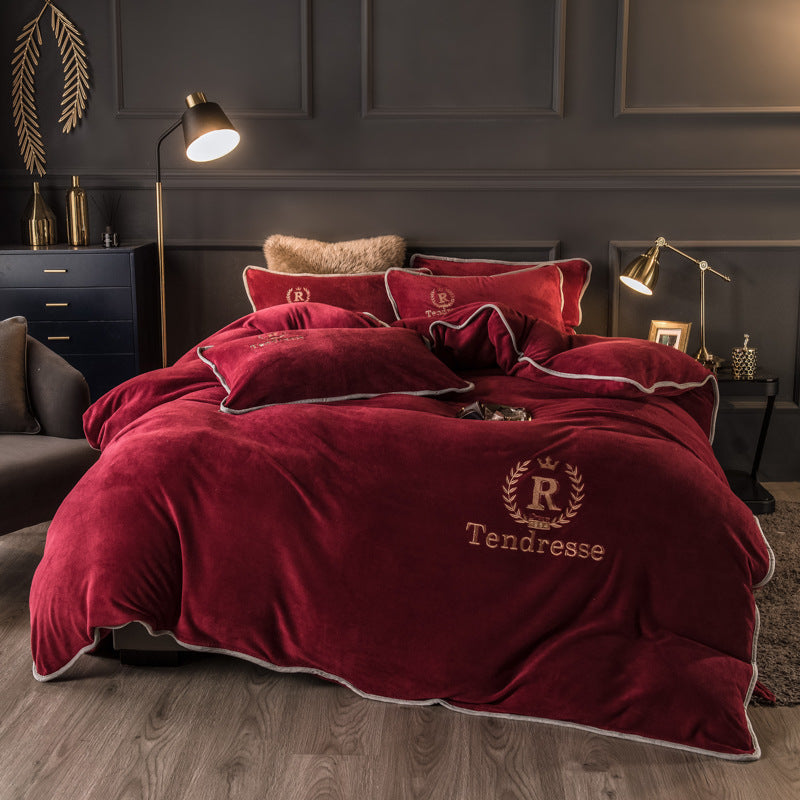 Autumn Winter Thick Fleece Bedding Set Pure Embroidery 4 Piece Quilt Cover Bed Sheet Set Warm Home Textile
