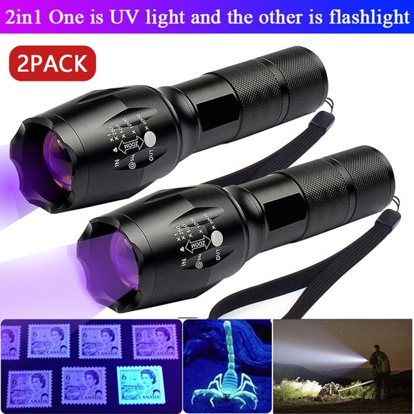 2-in-1 UV & White LED Flashlight – Adjustable Focus Inspection Torch (2-Pack)
