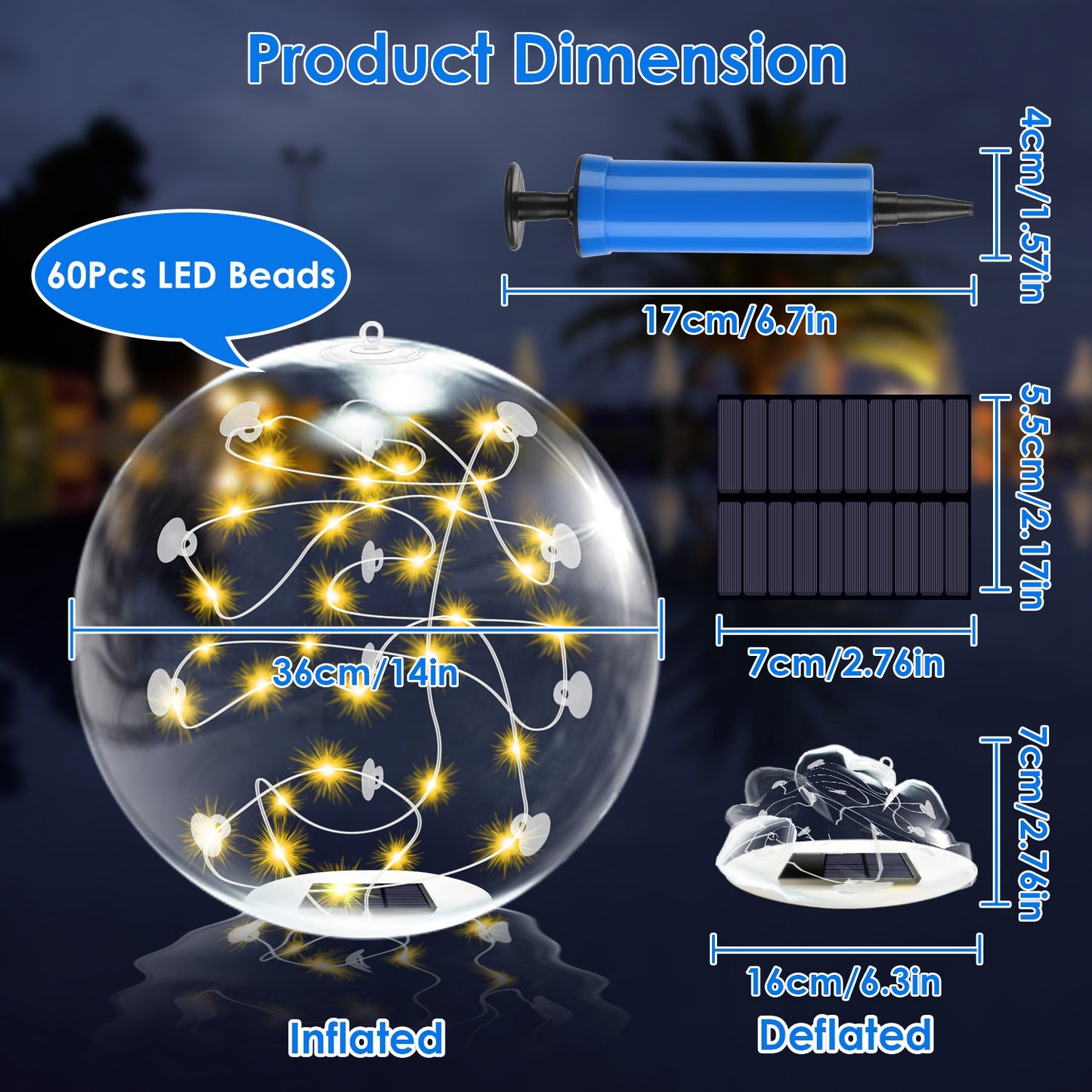 2Pcs 14in Solar Floating Pool Lights IP68 Waterproof Inflatable Pool Balls with Remote Control & Timer