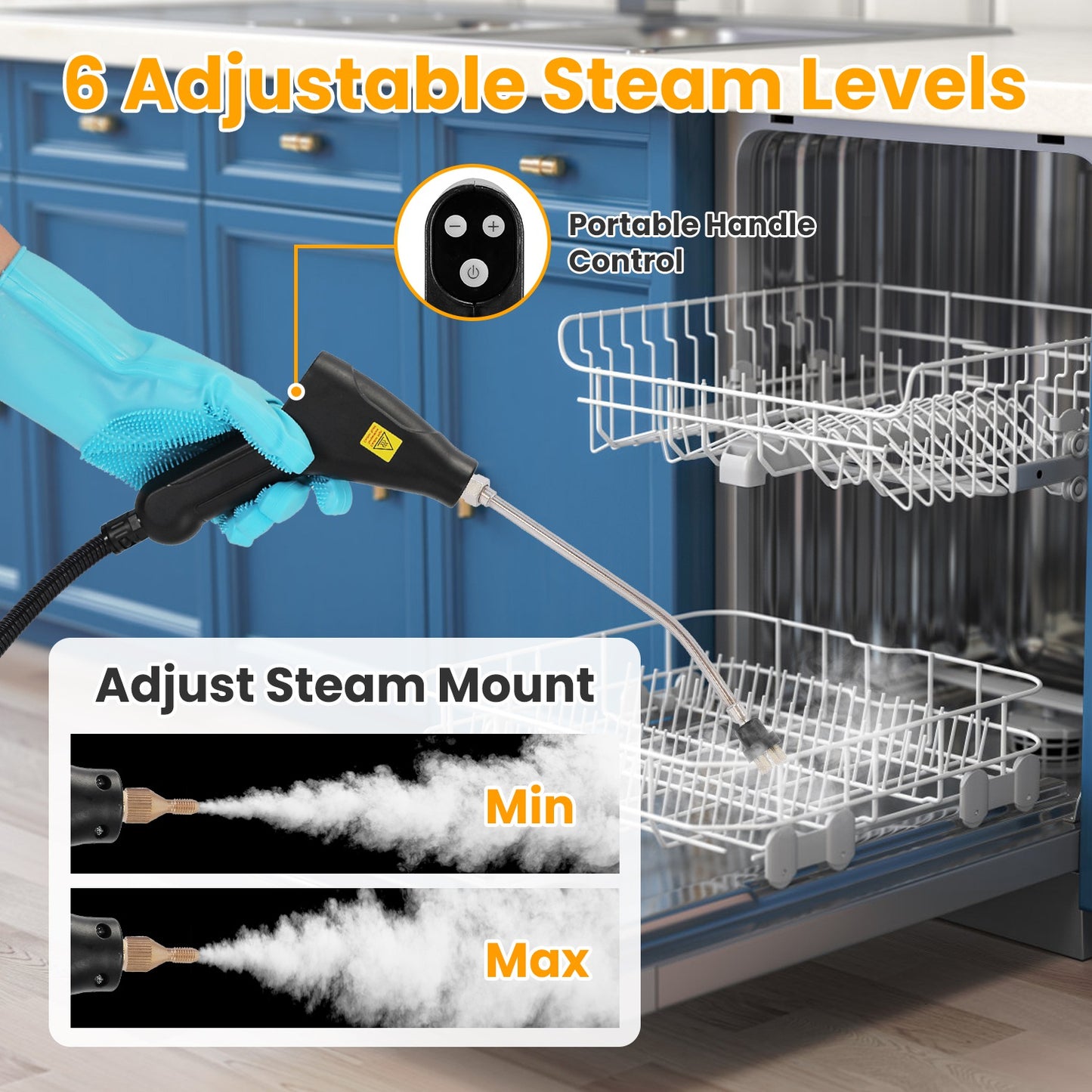 1500W Handheld Steam Cleaner High Temperature Pressure 1200ML Tank 6 Steam Levels with 8 Accessories for Home Car Tile and Sofa Cleaning