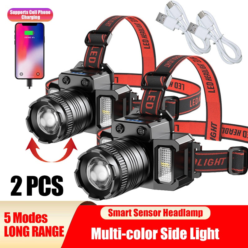 USB Rechargeable Telescopic LED Headlamp – Motion Sensor Head Torch with 5 Modes & Power Bank for Camping