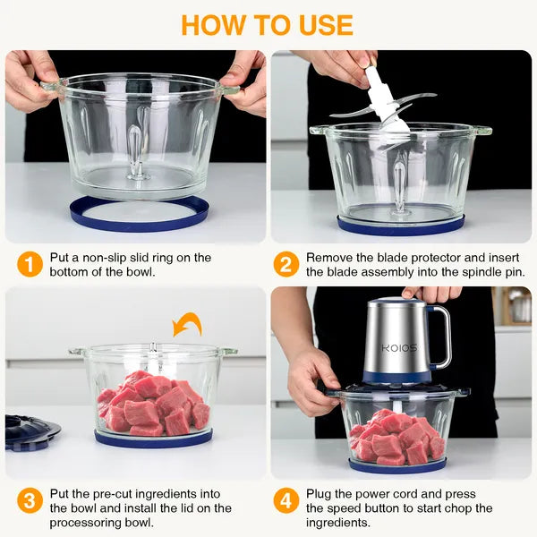 KOIOS Electric Food Chopper Processor 2L Glass Bowl Vegetables and Meat Grinder Mixer