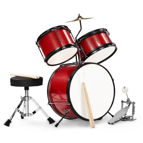 3 Piece Junior Kids Drum Set Kit with Pedal Drumsticks Stool and Wrench Beginner Music Instrument