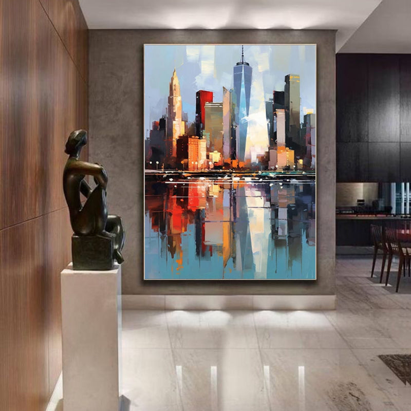Handmade Abstract New York City Urban Architecture Oil Painting on Canvas Wall Art for Living Room Home Decor Frameless Unstretched