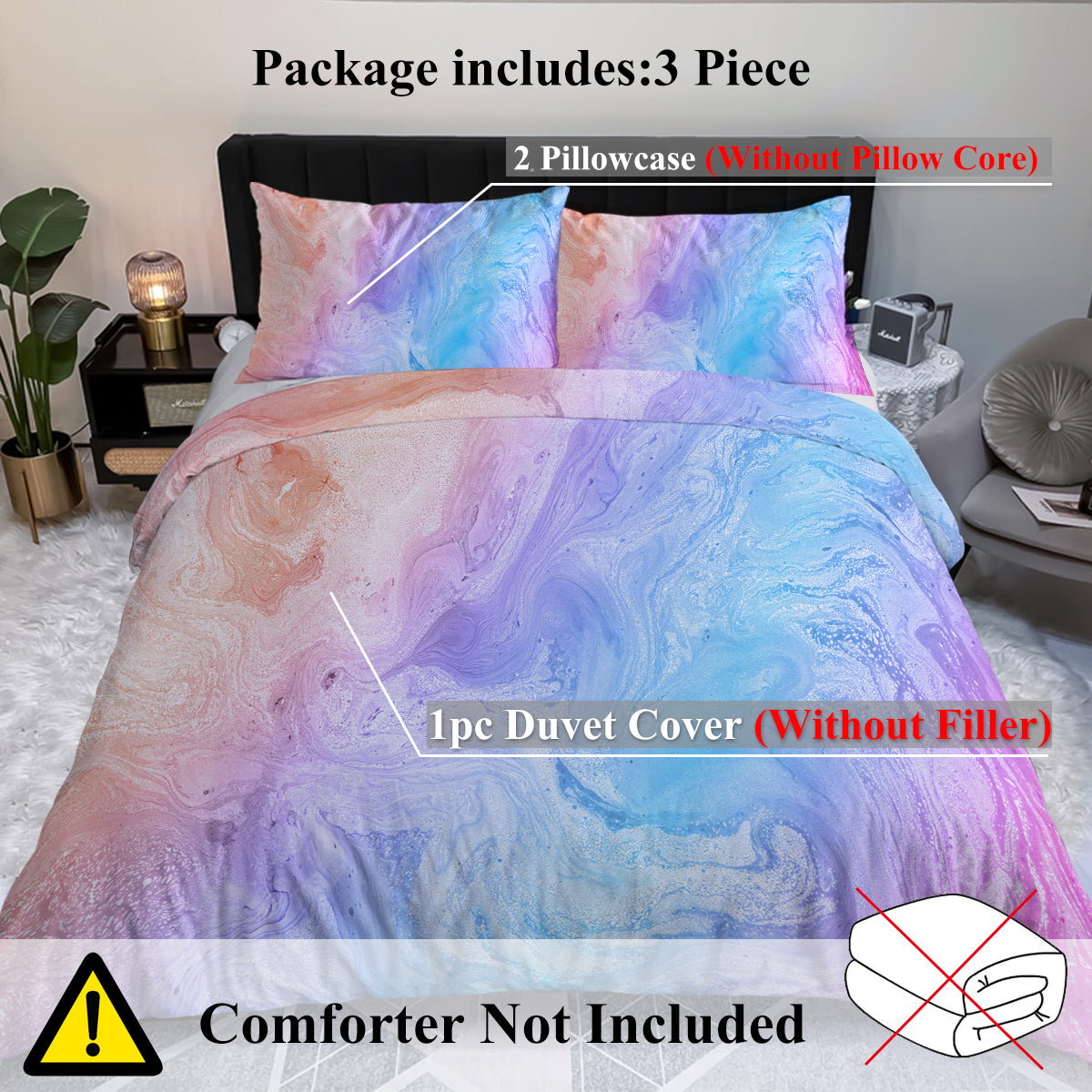 Girly Rainbow Glitter Ombre Duvet Cover Bedding Set 3 Pcs Chic Pastel Purple Blue Green Bedspread with 2 Pillow Shams
