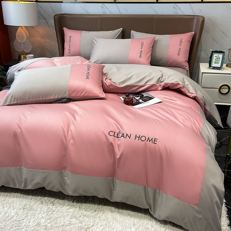 European and American Letters Embroidered Cotton Satin Four Piece Bedding Set Luxury Soft Duvet Cover Bed Sheet Set
