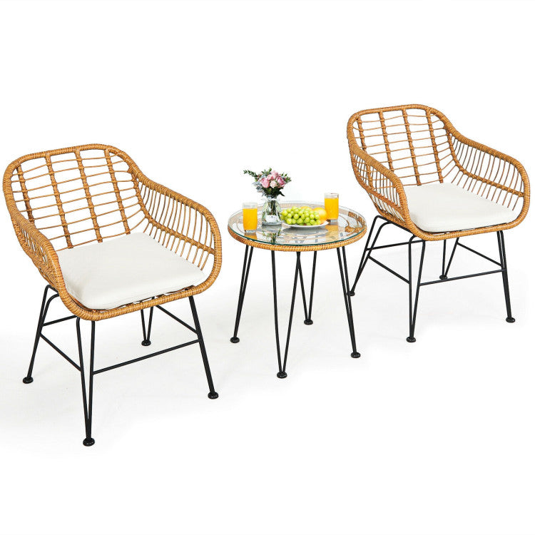 3 Pieces Rattan Furniture Set Cushioned Chairs & Table Outdoor Patio Garden Sofa Seating Set