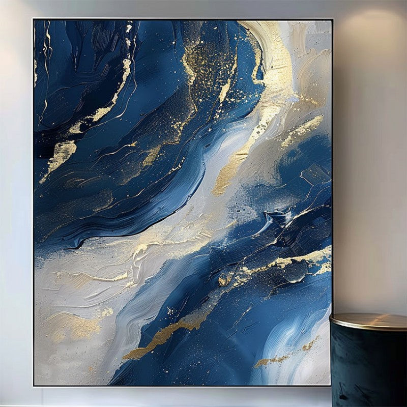 Luxury Handmade Abstract Oil Painting on Canvas Modern Golden Blue Minimalist Texture Wall Art for Living Room Decor Frameless