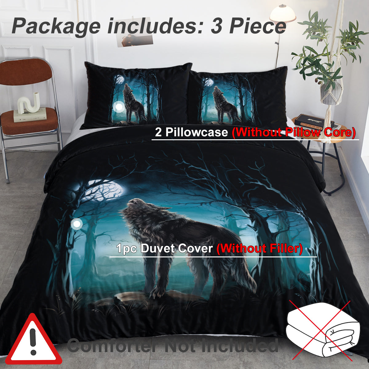 Moon Wolf Bedding Set Green Watercolor Forest Duvet Cover 3 Piece Wild Animal Bed Set Twin Full Queen King
