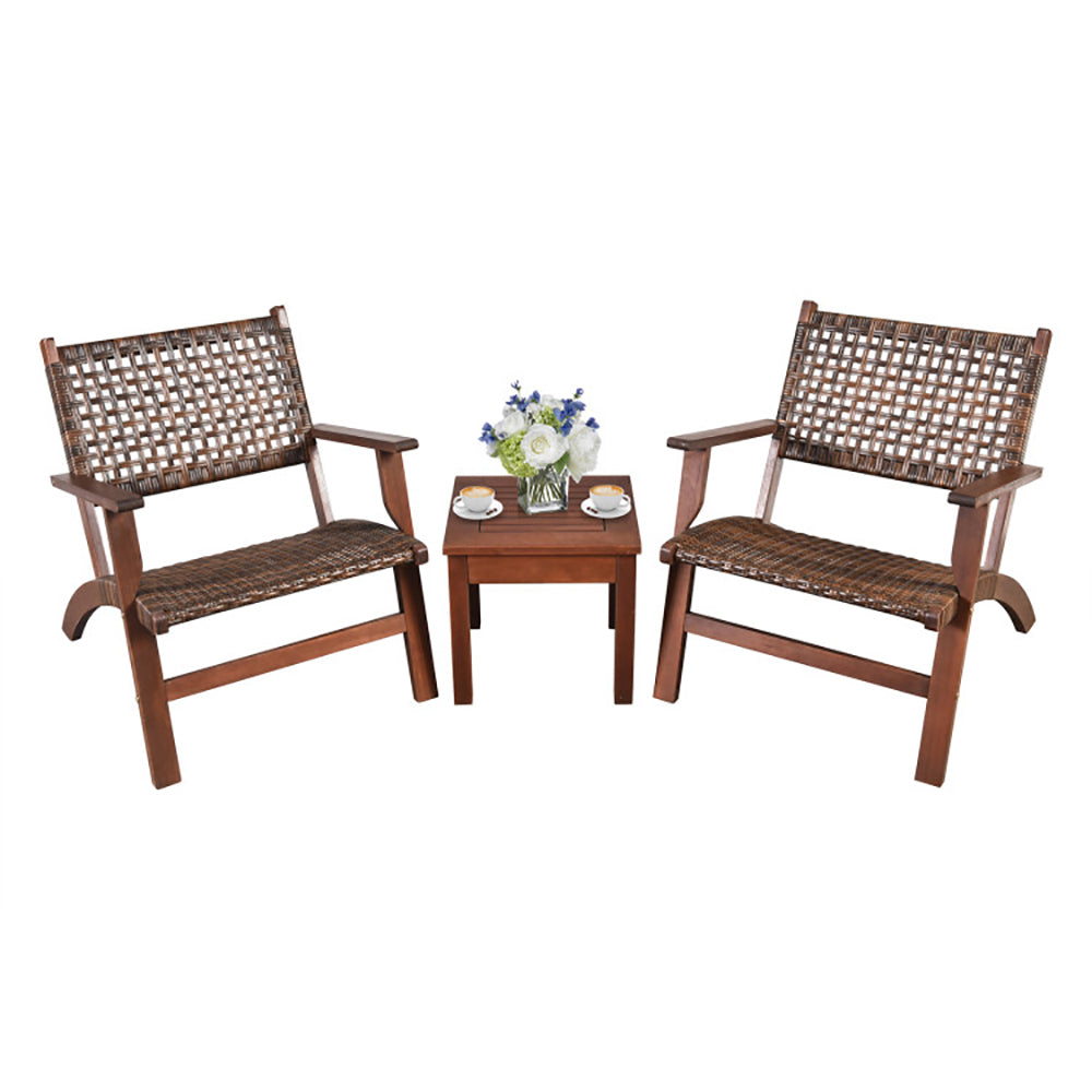 3 Pieces Outdoor Wooden & Rattan Patio Furniture Set Garden Sofa Chair Table Balcony Seating Set