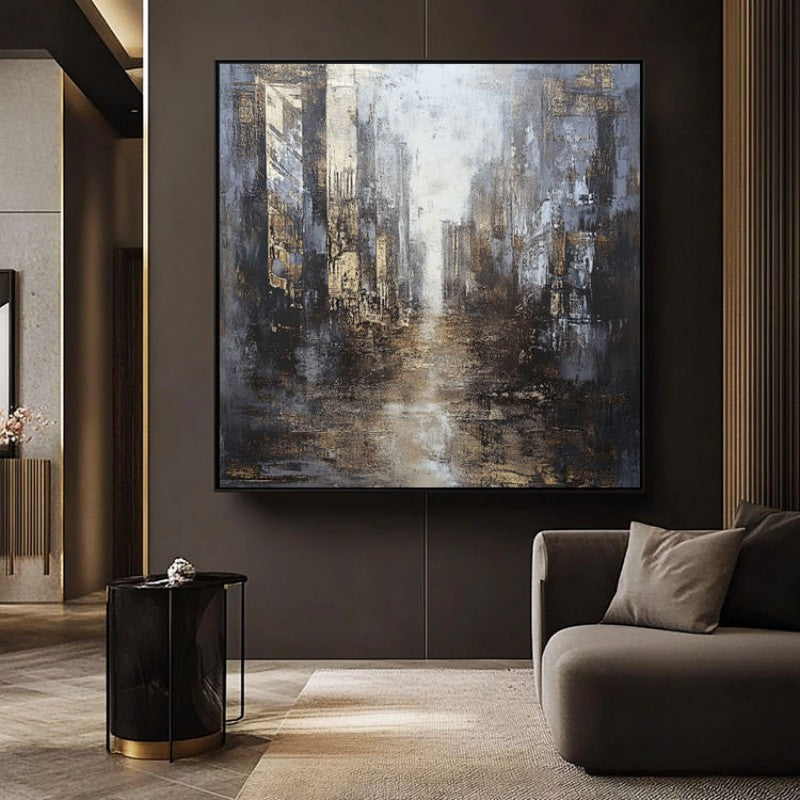 Hand Painted Abstract Urban Architecture Canvas Painting Textured Acrylic Wall Art Modern Living Room Decor