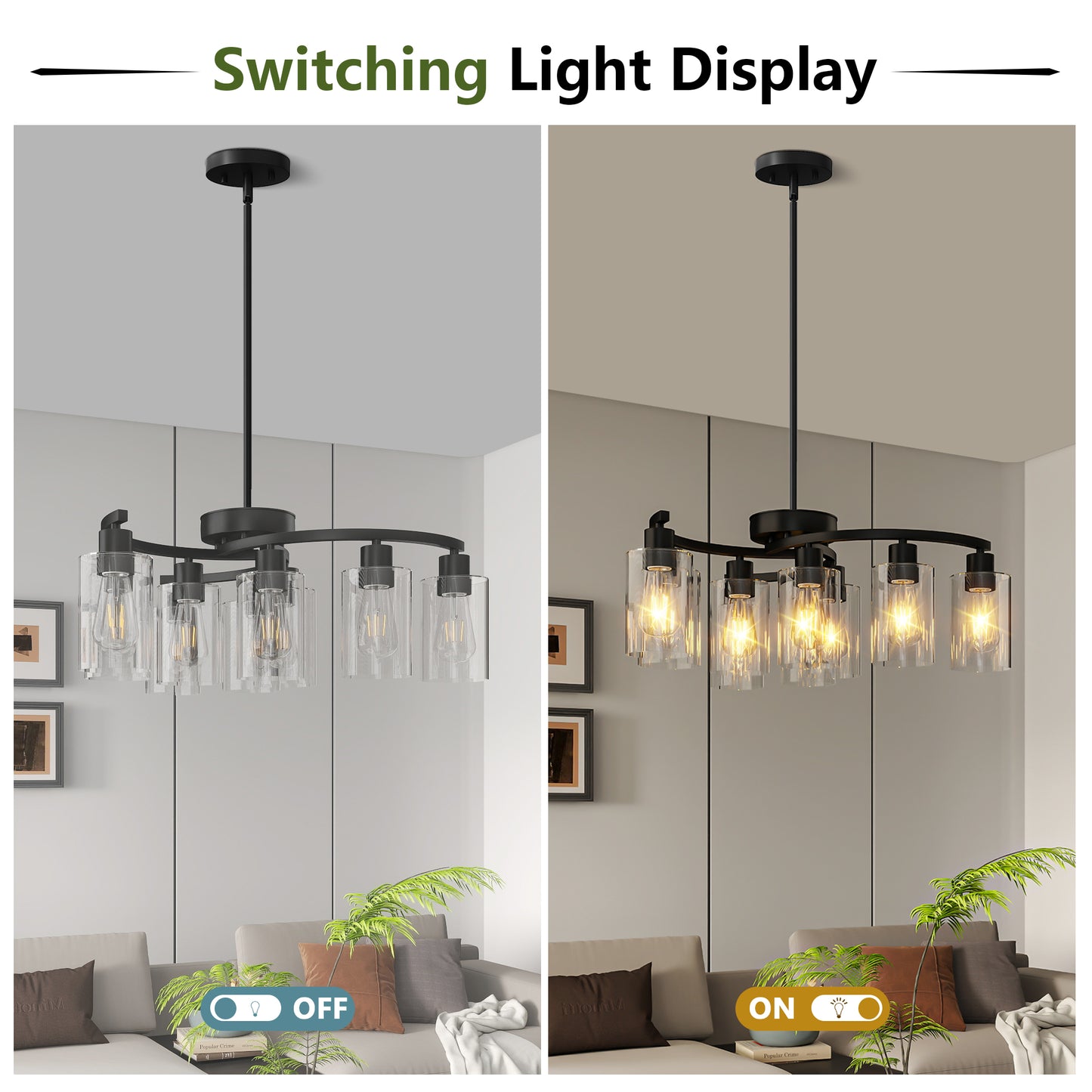 9-Light Modern Black Chandelier – Adjustable Industrial Farmhouse Ceiling Light with Clear Glass Shades for Dining Room & Kitchen Island