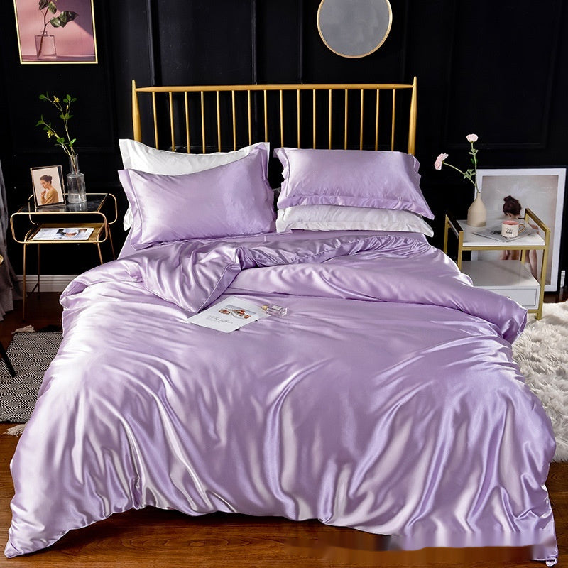 Artificial Silk Double Sided Satin Quilt Cover Bed Sheet 4 Piece Set Luxury Soft Bedding Set