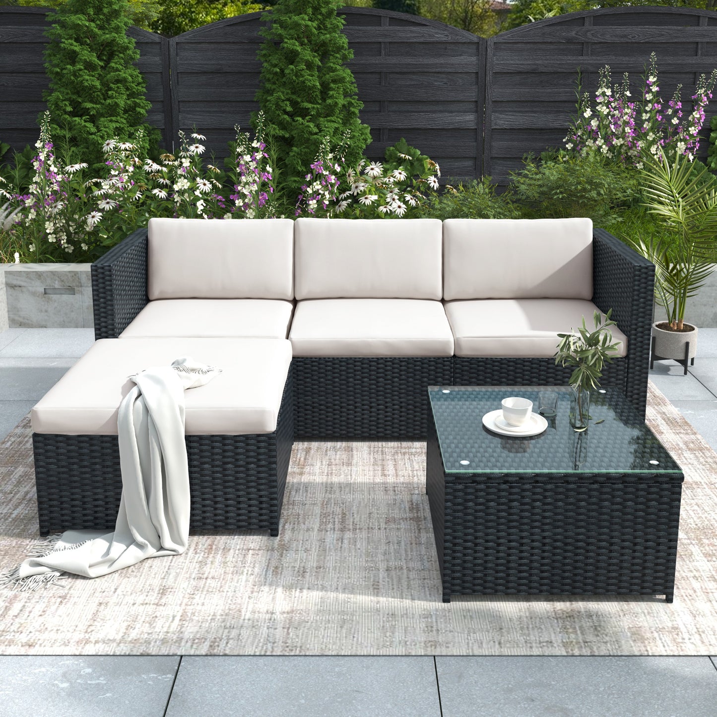 Black Rattan Garden Corner Sofa Set Patio Furniture Lounge Set Outdoor Entertaining Seating