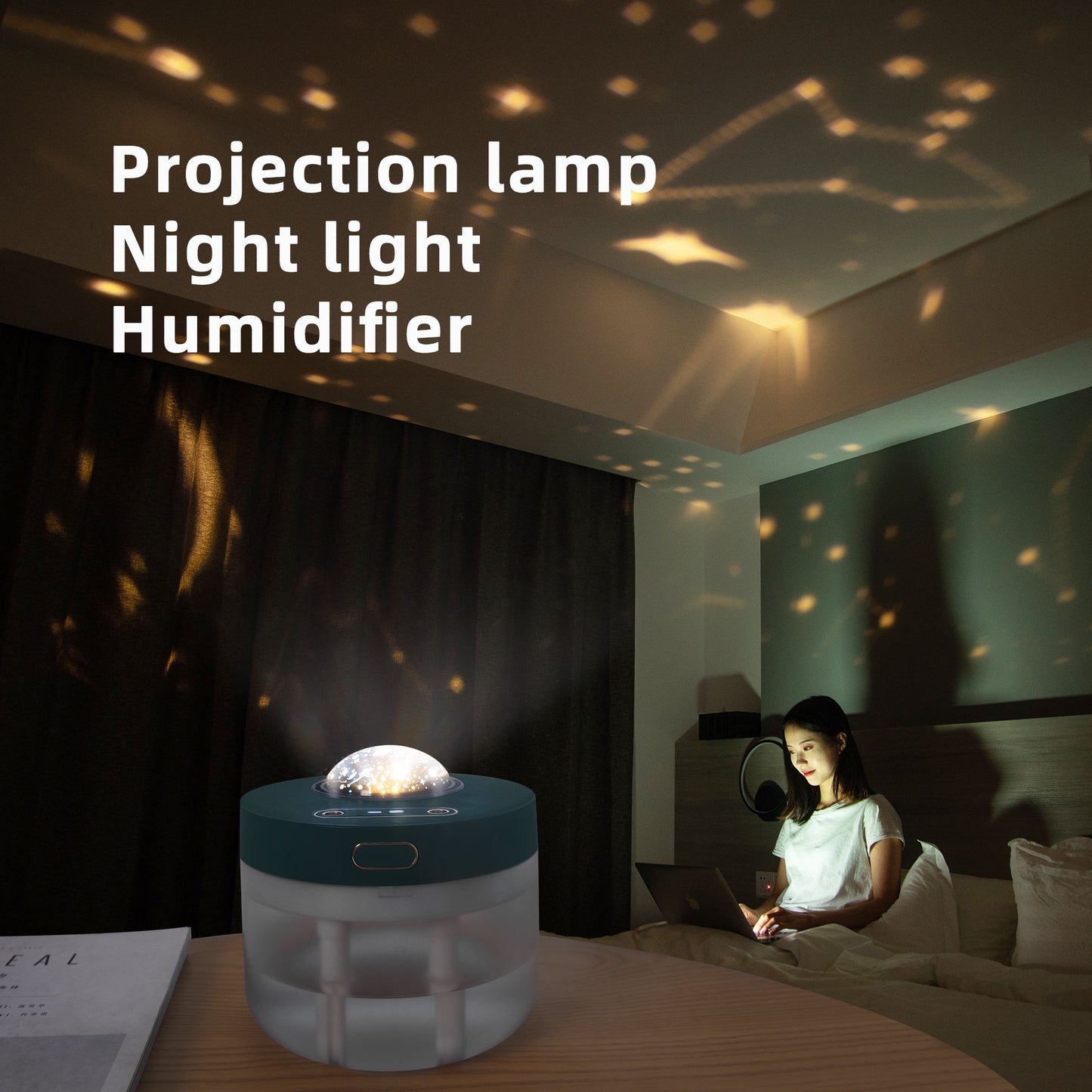 Projection Humidifier Portable Rechargeable Rotating Night Light Double Spray Mist Air Moisturizer for Bedroom