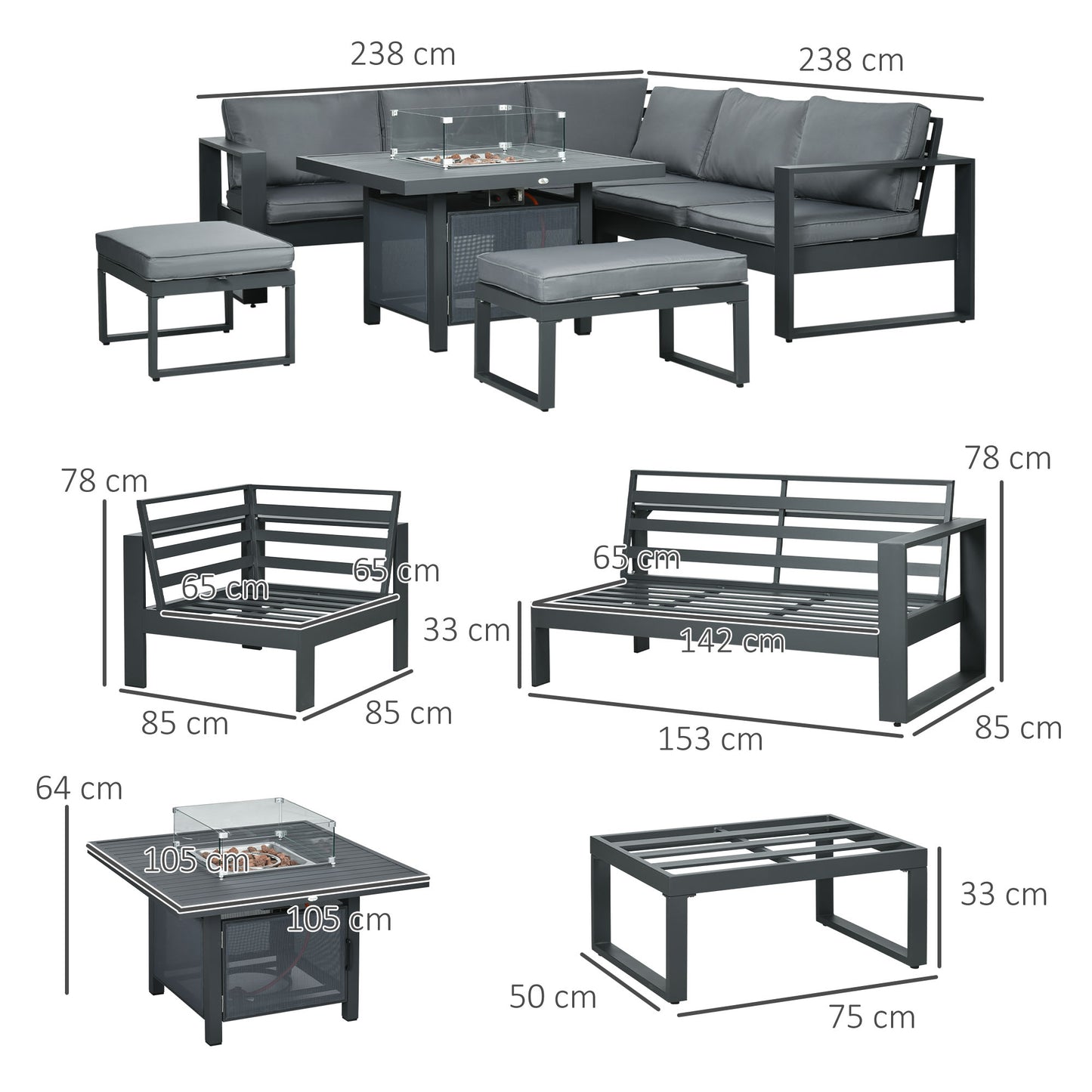 6-Piece Aluminum Garden Furniture Set with Fire Pit Table Outdoor Patio Sofa Dining Set with Cushions Grey