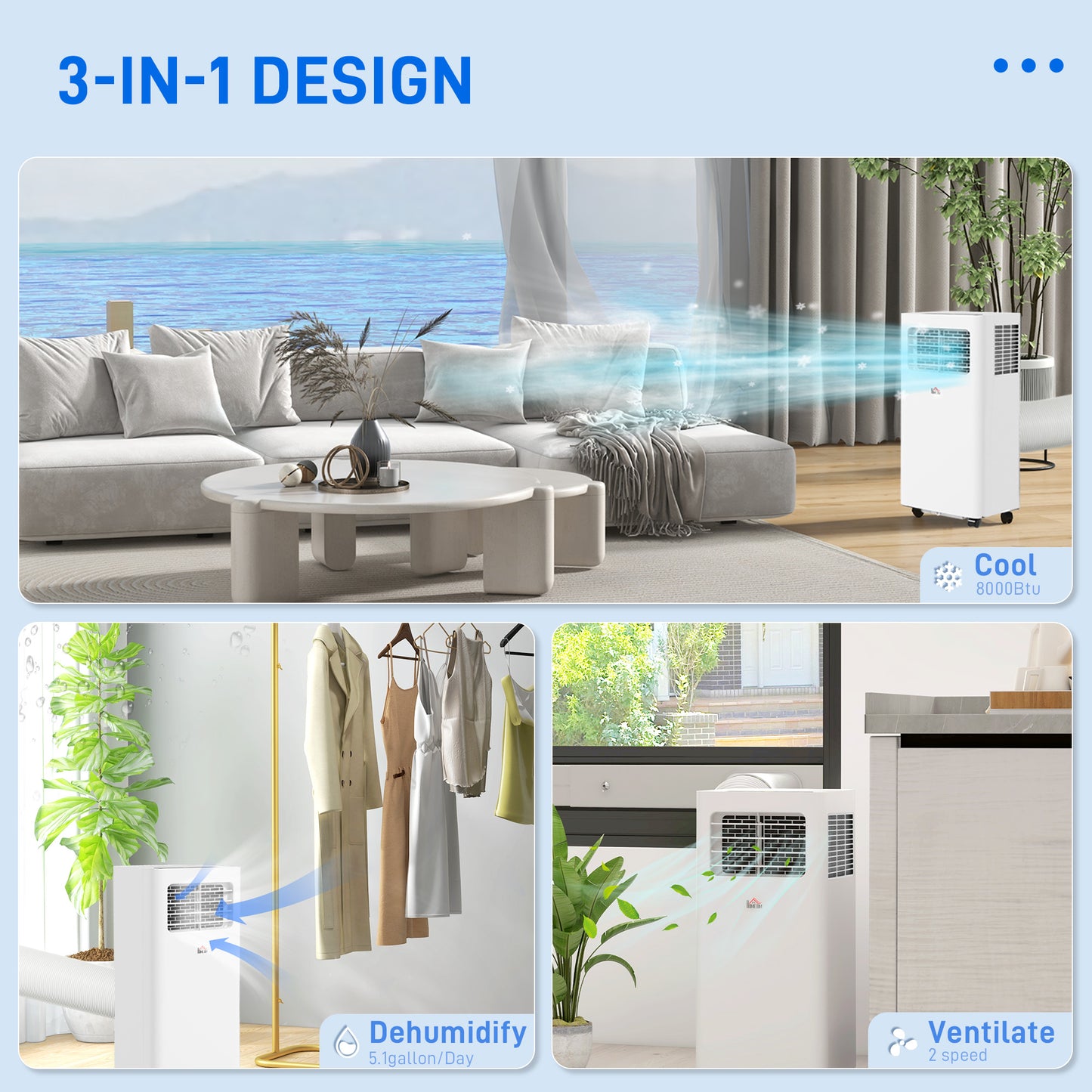 8000 BTU Portable Air Conditioner for 345 Sq Ft Room White AC Unit with Dehumidifier Sleep Mode 24H Timer & Window Kit