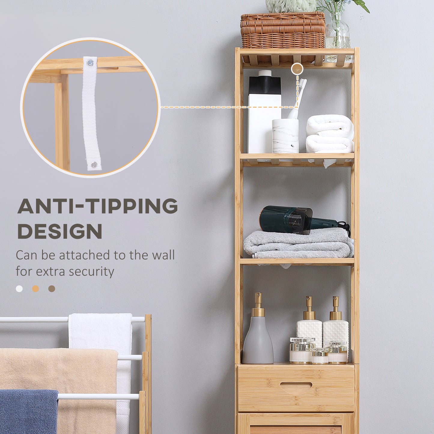 Bathroom Storage Cabinet with Drawer – Slatted Shelves Floor Standing Organizer Unit